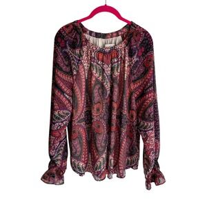 LOFT Pink Paisley Stripe Smocked Cuff‎ Ladies Blouse, L